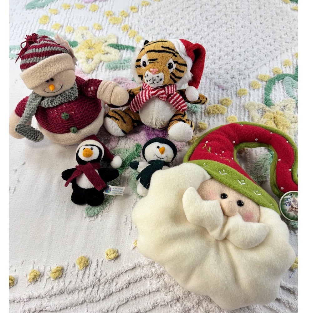 March of Dimes vtg Christmas Plush Bean Bag Lot Santa Snowman Tiger Penguin 5pc